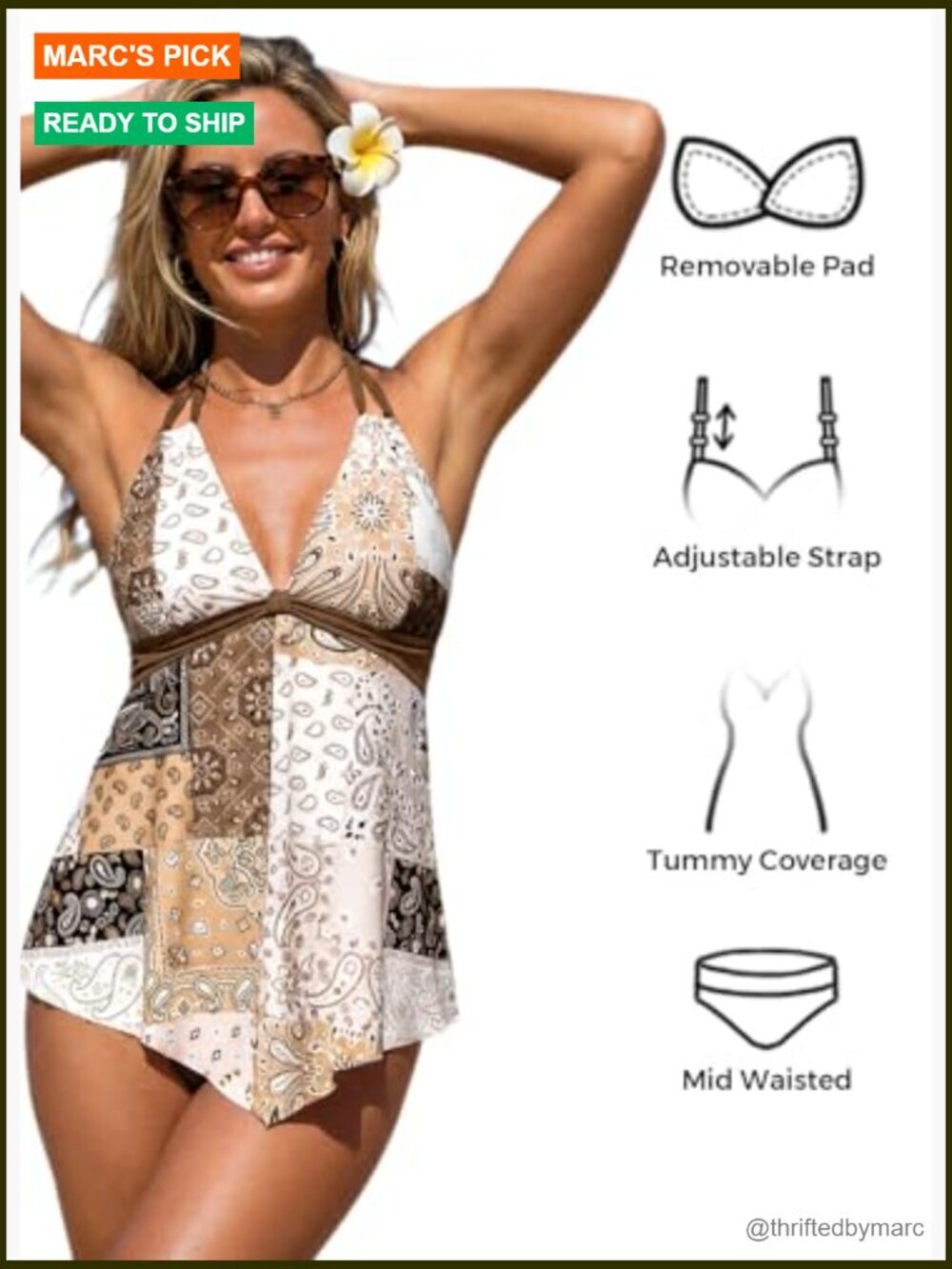 Tankini Swimsuits for Women Tummy Coverage Handkerchief Hem Top Mid Rise Briefs - Picture 6 of 7
